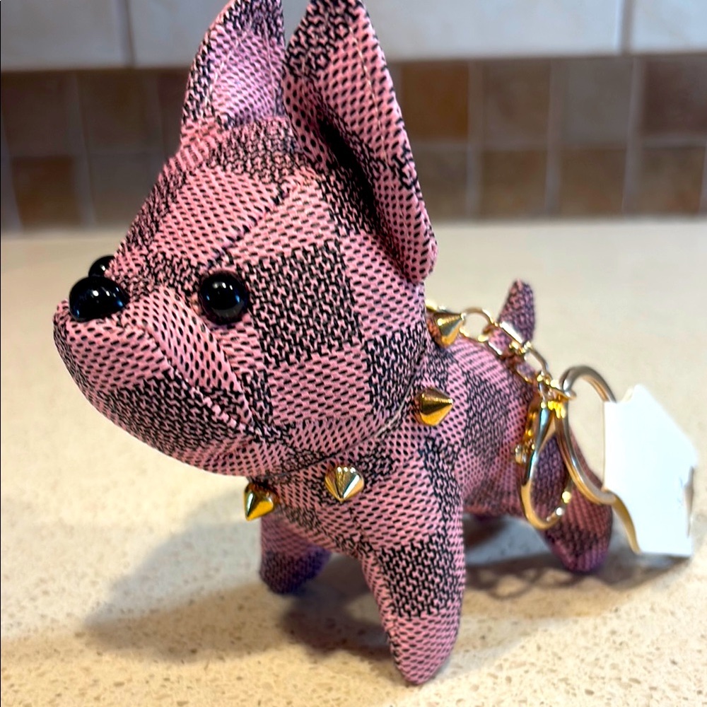 Designer NWT Frenchie Pink Plaid PU Leather Dog Keychain/Bag Charm
